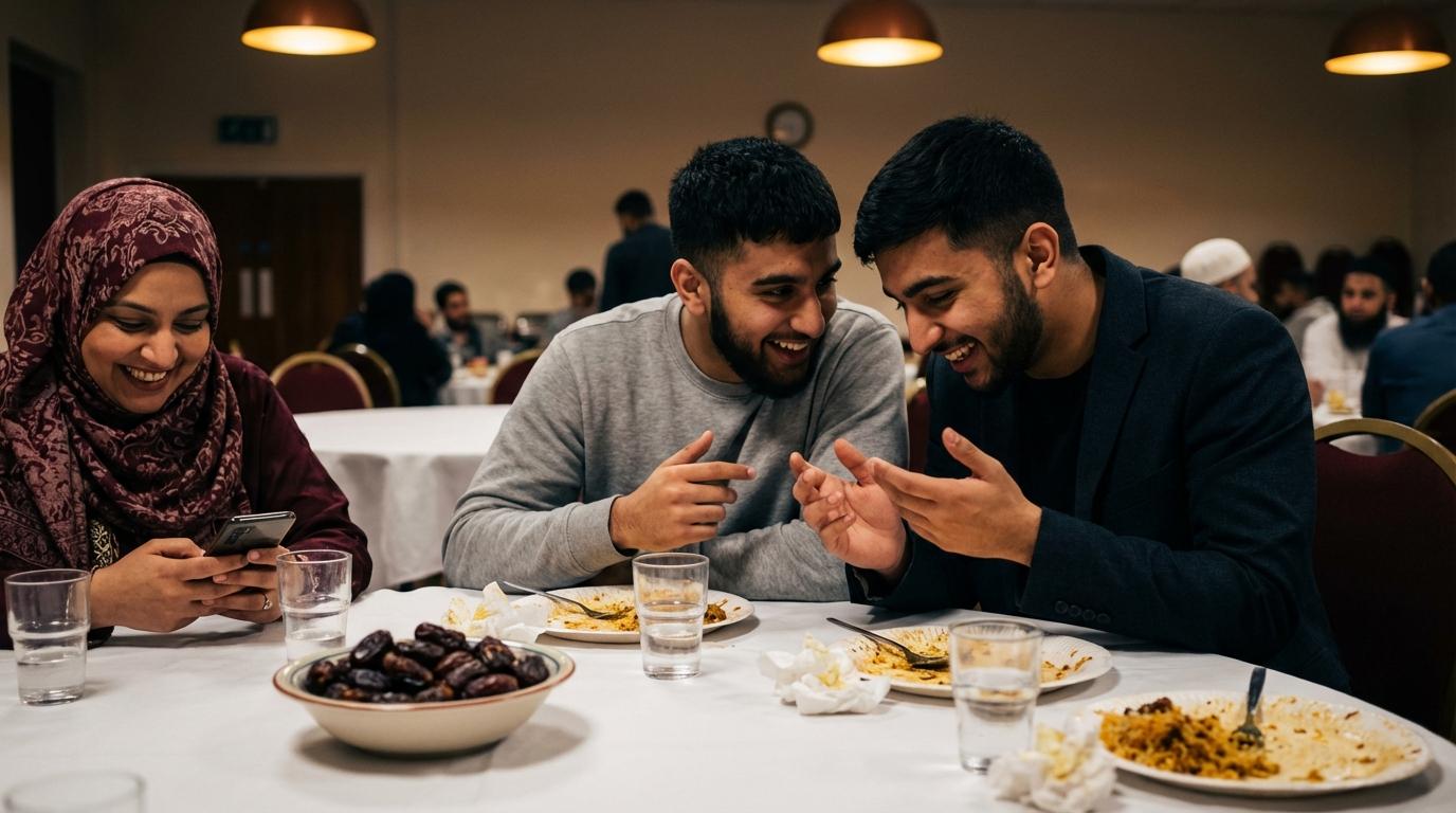 Friends leaning in over dinner at a fundraising gala — the moment someone says I'll donate