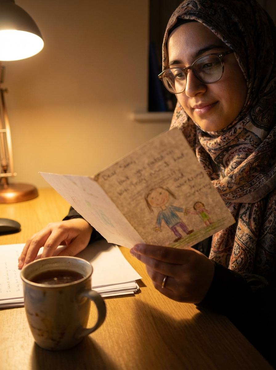 Woman reading a hand-drawn thank-you card under a warm desk lamp — the quiet moment that happens when the money gets through