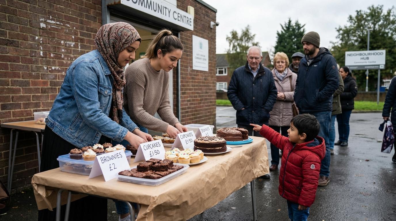 Community bake sale with volunteers and families — everyday fundraising where promises are made face to face