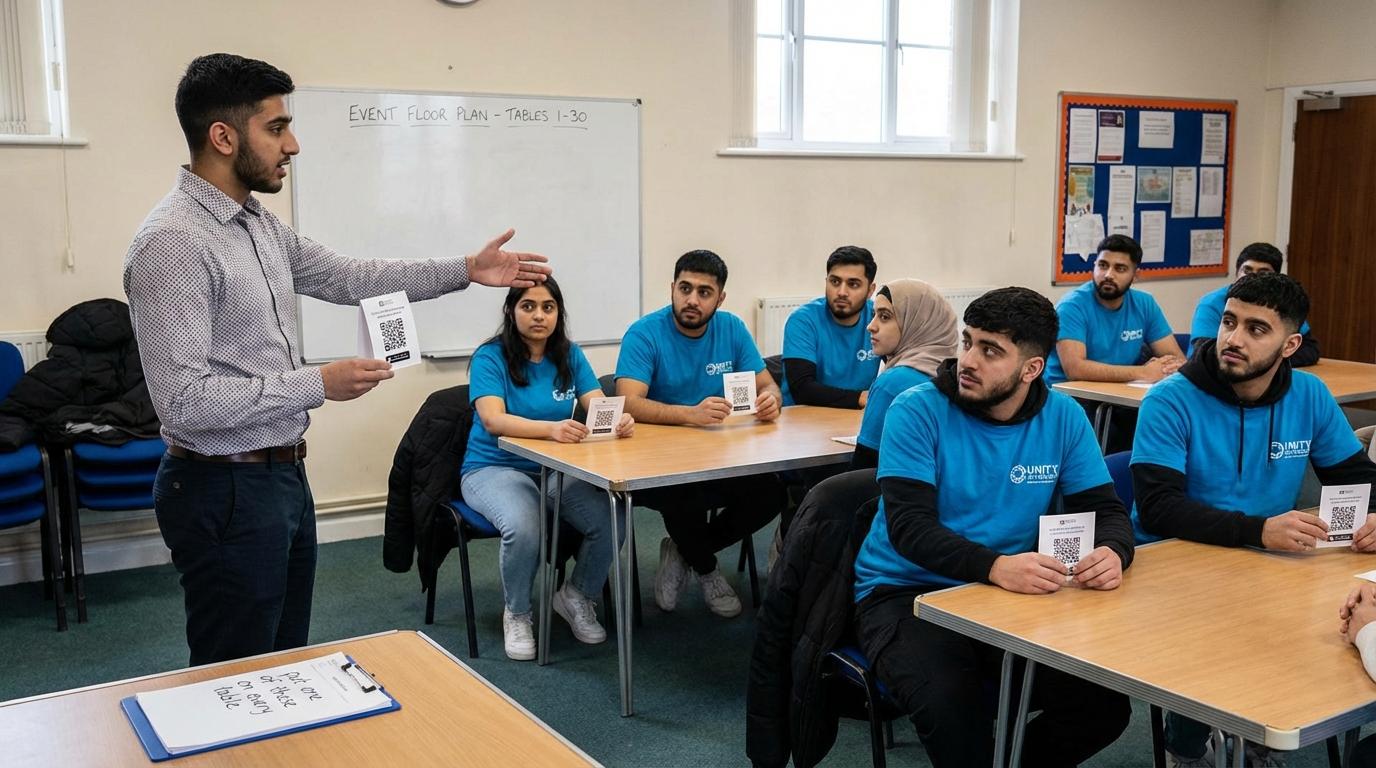 Event organiser briefing young volunteers with QR code cards before a fundraising dinner