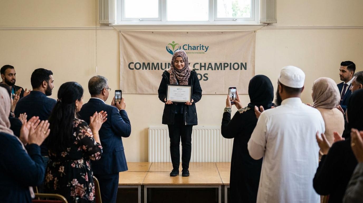 Young volunteer receiving Community Champion award, crowd applauding