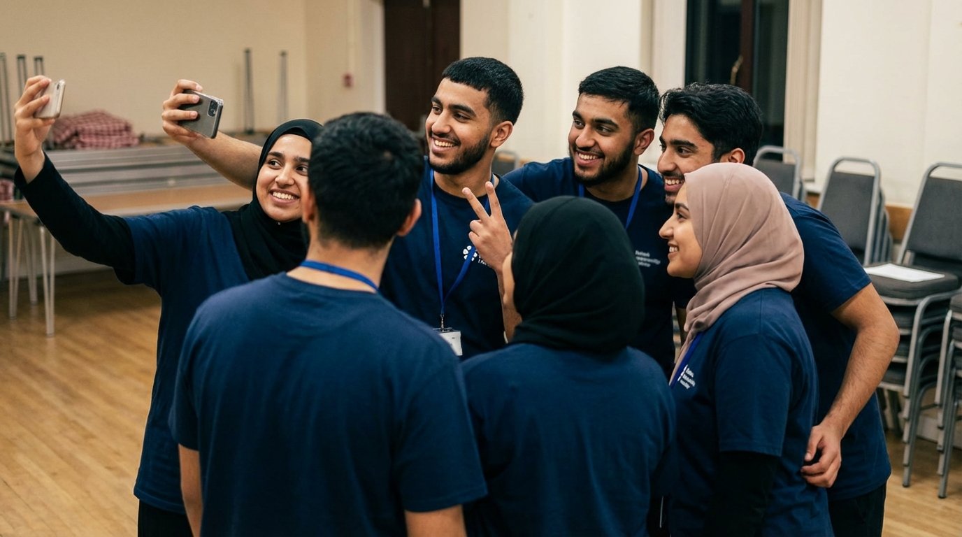 Joyful young volunteers in matching t-shirts taking a group selfie