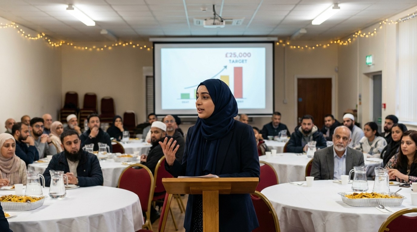 Young woman passionately presenting at a charity fundraising dinner, engaged audience at round tables