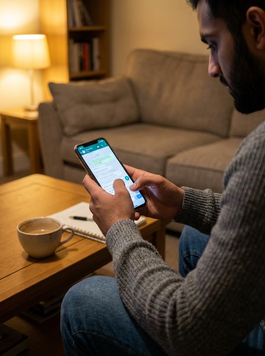 Hands holding a phone, sharing a pledge link via WhatsApp